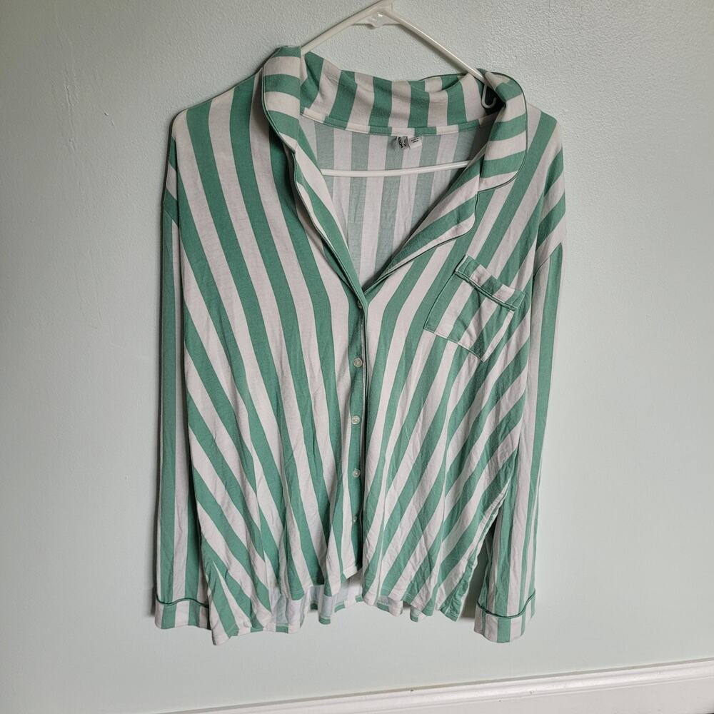 Nordstrom Long Sleeve Stretch Pajama Top Green/White Stripe Women's L